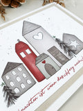Weihnachtskarte Häusschen grau rot