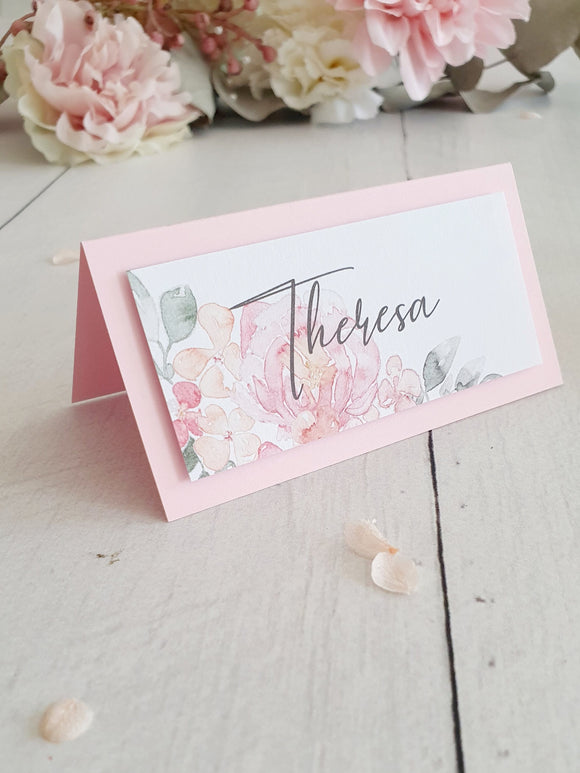 10x Tischkarte, Namenskarte, Namenskärtchen, Tischkarte mit Aquarellblüten, rosa