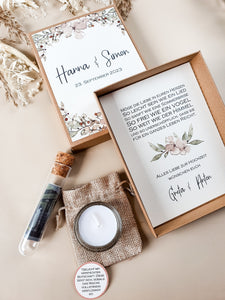 Geldgeschenk, Geschenkschachtel mit Reagenzglas und Teelicht mit Botschaft, Geschenk zur Hochzeit personalisiert, Aquarellblumen, Bloom