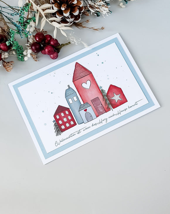 Weihnachtskarte Häusschen rot türkis