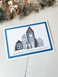 Weihnachtskarte Häusschen blau