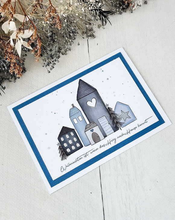 Weihnachtskarte Häusschen blau