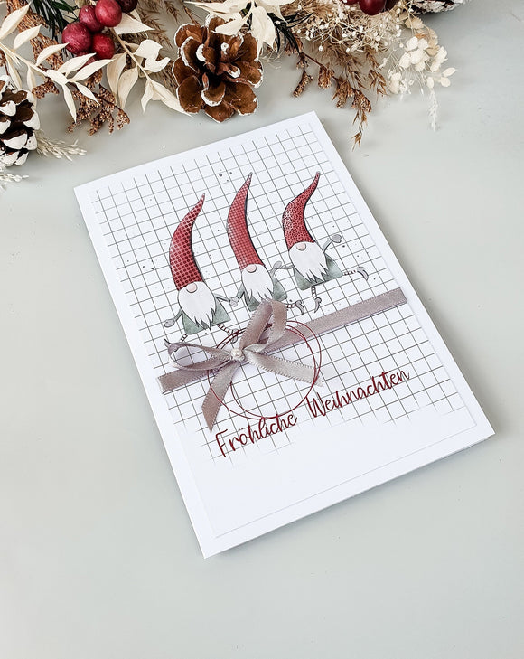 Weihnachtskarte Wichtel grau rot
